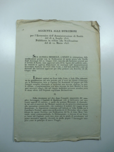 Aggiunta alle Istruzioni per l'Economico dell'Amministrazione di Sanità del dì 9 Luglio 1816 pubblicata in ordine alla notificazione del dì 12 marzo 1823